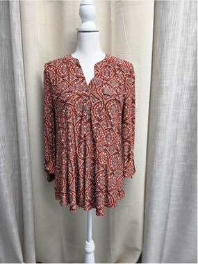 Ava & Grace Rust Paisley Button Front Tunic Boho Cottagecore Festival Size L